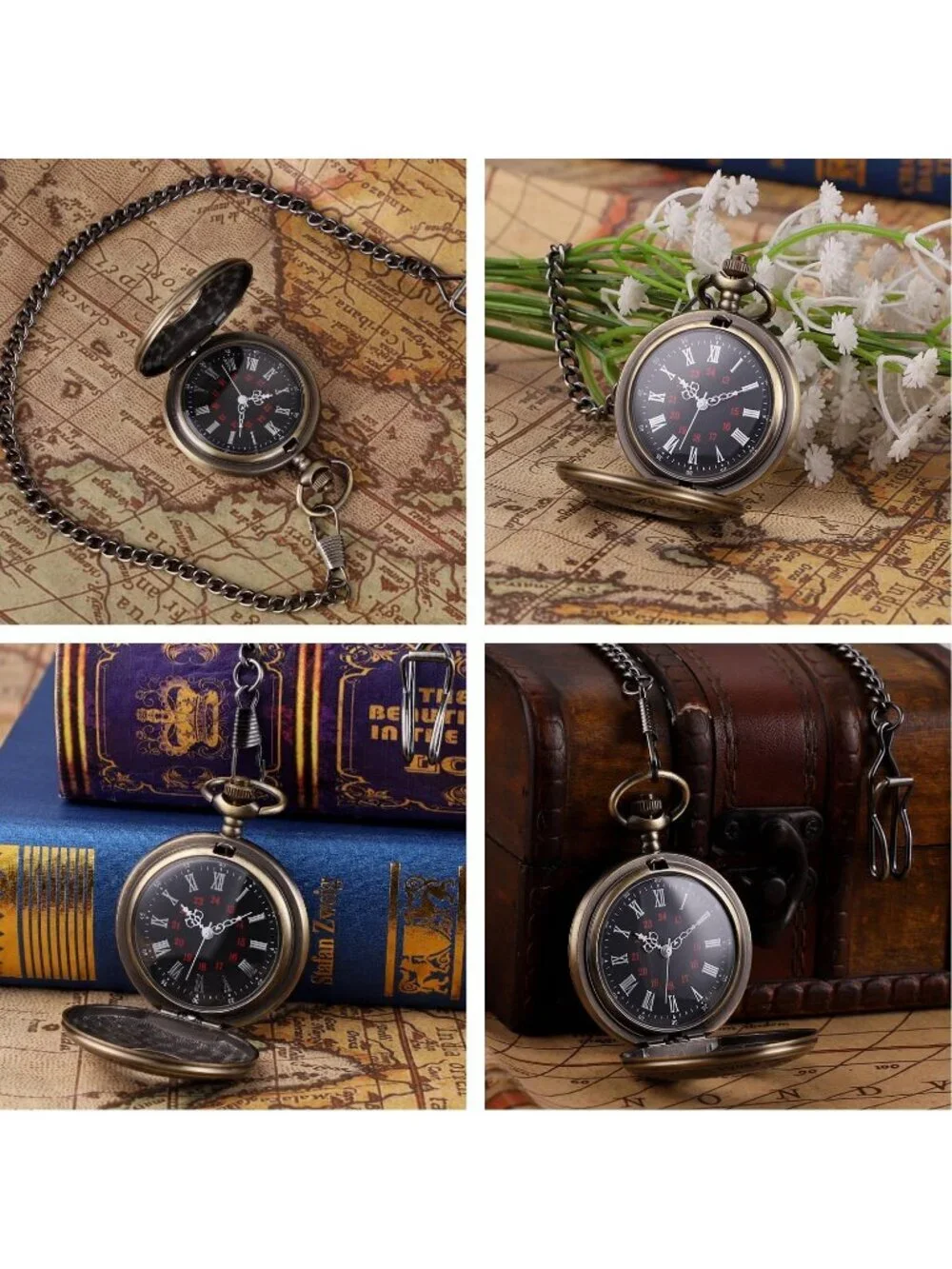 Men Bronze Quartz Engraved Wave Pattern Arabic Numerals Round Chain Pocket Watch